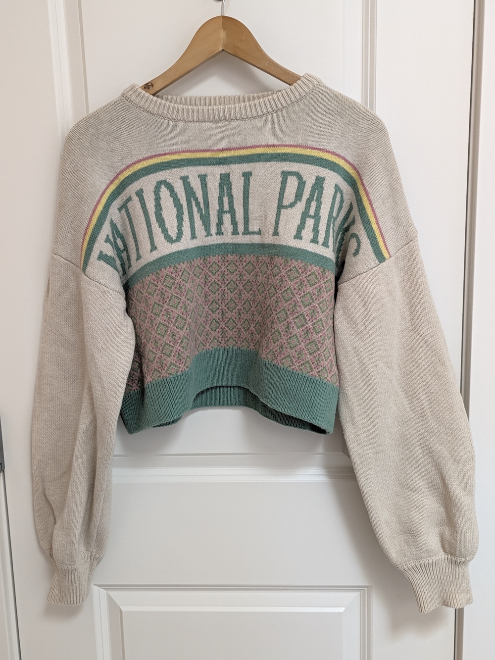 Cotton:On Cream Cropped 'National Parks' Sweater with Mint Greenand Pink Accents